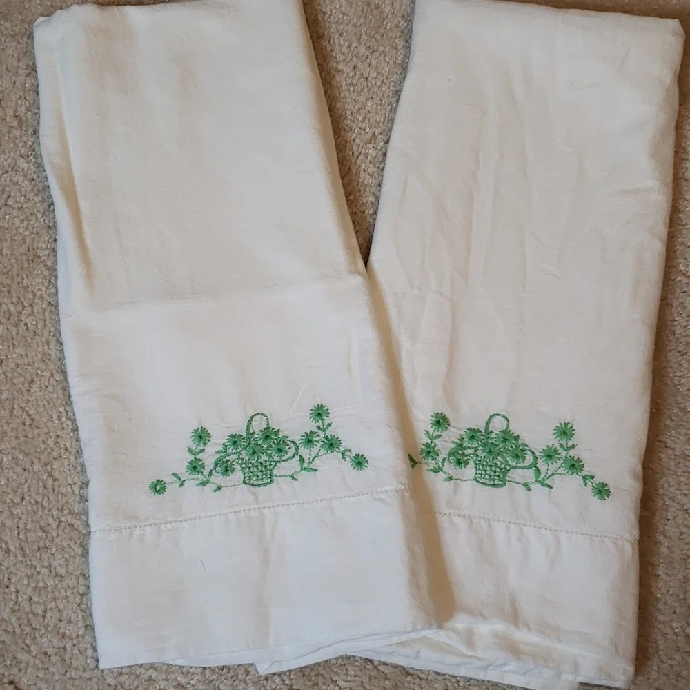 Vintage Hand Crafted Embroidered Floral Pillowcases Set of 2